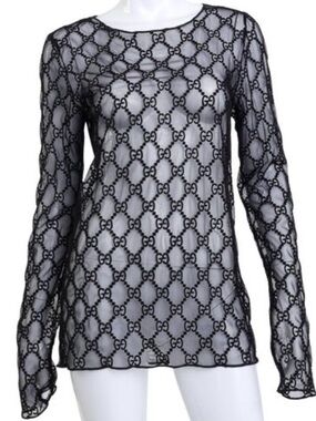 Gucci Cotton-Blend Black Tulle Top Sheer Long Sleeve Embroidered GG Motif L